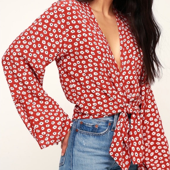 Faithful the Brand Danica Red Floral Wrap Top, size Large - Picture 6 of 11